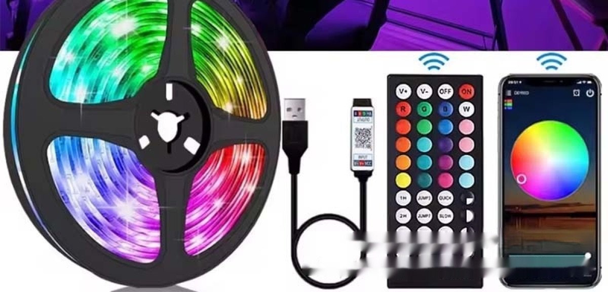 The 2m RGB backglow strip with its 44-key remote and app controller